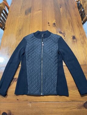 J Mclaughlin Classic Black Quilted Full Zip Mock Neck Sweater Jacket Size Small